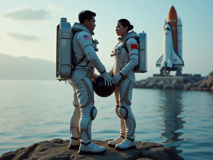 "A hyper-realistic, 4K, 8K, high-resolution masterpiece portrait of a handsome American astronaut standing in front of a young Chinese female astronaut. in middle of a ocean on a rock, Both wear intricately designed futuristic space suits, different colour...