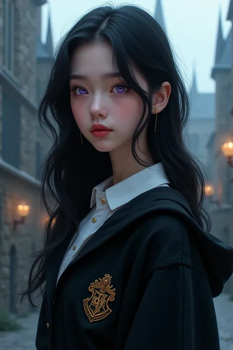   girl with dark black hair, pale and smooth skin ,  light purple eyes , Russian nationality,  wearing Hogwarts uniform  