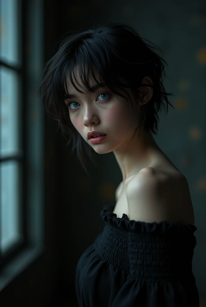 Best quality, masterpiece, ultra high res, (photorealistic:1.5), raw photo, 1girl, off shoulder, in the dark, deep shadow, low key, cold light, sexy look, short hair, blue eyes