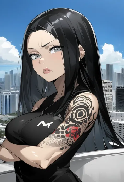 {{upper body, dutch angle, top down}} {{Artist: bob_(bobtheneet)}} 1girl, mature female, asian girl, black hair, long hair, straight hair, shiny hair, slim, black clothes, frown, grey eyes, looking down at viewer, arms crossed, thin lips, tattoo, tattoo on...