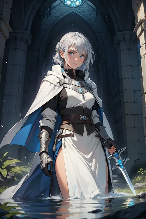 {{masterpiece}}、{{High image quality}}、neon、Medieval period、Beautiful face、A large sword is stuck in the ground、  silver hair、The Strongest Warrior、Cape、Gloves、Water Magic