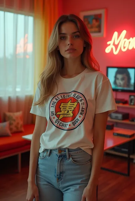 Show a model wearing a vintage-style t-shirt with a retro logo print, paired with light-wash high-rise jeans and sneakers, set in a nostalgic 80s-themed room with creative klader named logo a realistic photo.