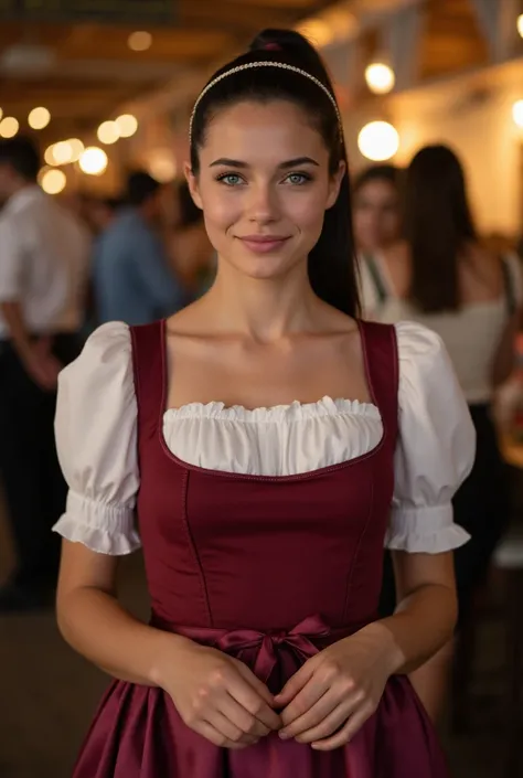  Realistic upper body portrait of a young Italian black-haired woman aged 23 with a ponytail, hairband, smile. She poses in front of the camera in a burgundy dirndl with a satin apron ..., Oktoberfest,glamour fotoshooting, Wedding celebration,   perfect an...