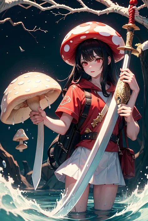 Mushroom man, man, black hair, white skin, big sword, red backpack, water bath, full moon night 