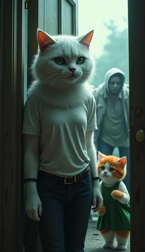 In cinematic 3D style, HD image ,realistic image ,dark image.
Character, a white big female cat and green eyes wearing white T-shirt and black jeans,A black leather strap is tied around both wrists.
Character, orange and white mix baby cat wearing green fr...