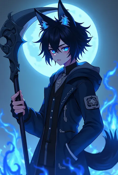 Male anime character but very young ,  long wolf ears with a skull inside them, cute,  eyes as blue as night and a lot of fun ,  moon lower than his lip modern Victorian style clothing ,  excessively fluffy tail hairy just as black with his disheveled blac...