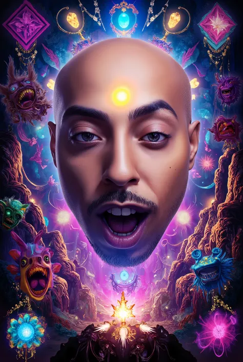 a Hyper-realistic photorealistic image of Nztykle Thrilling dreams, ultra-realistic realism, abstracted, psychedelia, tmasterpiece,PsyAI, Rasta, Jamaica, (BOld Text says "NA LISTEN":2.3 ) , (skin bald:2.3 Male ) , (BAld Head Masculine:1.3),(tmasterpiece,be...