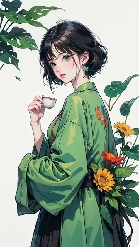 yxycolor，girl ，coffee cup，Cat，black hair，Simple drawing、green，blue，orange color，illustration，green plants，A small number of flowers，clean background