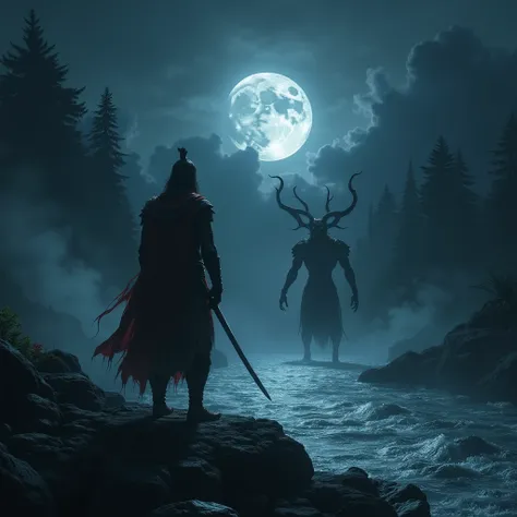 "King Vikram standing firm on a rocky riverbank at night, his sword ready, watching the dark waters as the moon is eclipsed by clouds, signaling the arrival of the demon."