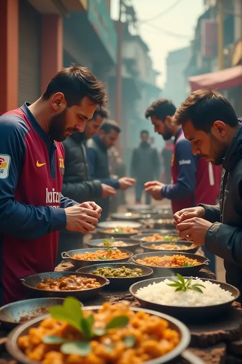 Create realistic video of rolando and Messi is vist Bihar and test Biharis foood