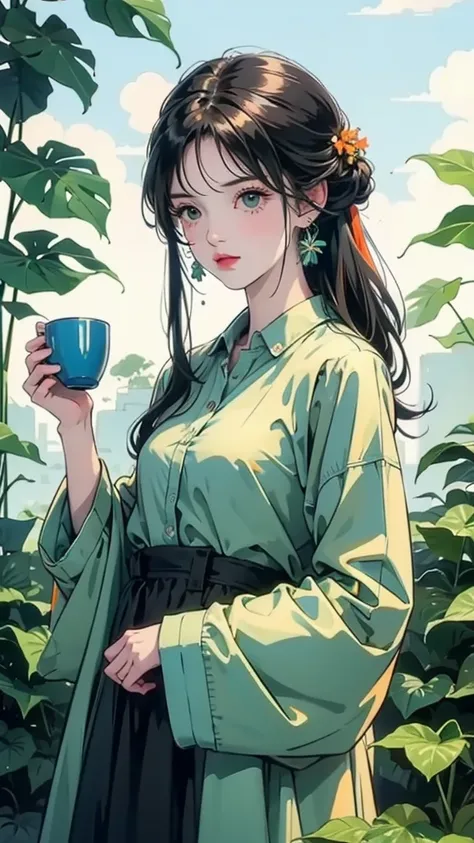 yxycolor，girl ，coffee cup，Cat，black hair，Simple drawing、green，blue，orange color，illustration，green plants，A small number of flowers，clean background