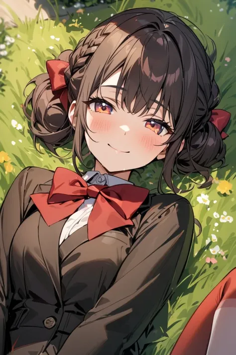 masterpiece,  Best Quality , Fermonica, Hair Bun, braid,  red bow , Black jacket,  black skirt, Red pantyhose,  upper body, From above, lying on back, Grass,  watching viewer , Fatigue,  Smile, garden 