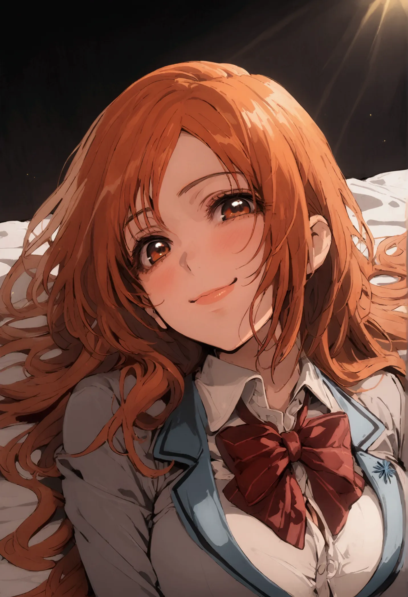 inoue orihime, long hair, orange hair, brown eyes, school uniform, blazer, grey blazer, shirt, white shirt, collared shirt, bowt...