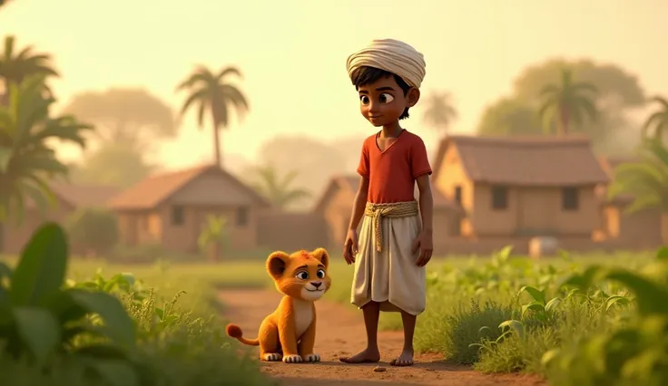 Sheroo was a little lion cub 3d pixar style
Clothing-red t-shirt and white dhoti& mathe par white pagdi
सुबह का समय है। हल्की धूप खेत पर पड़ रही है। एक साधारण से किसान, शेरू, अपने खेत में काम कर रहा है। उसके कपड़े धूल से भरे हैं, और उसके चेहरे पर हल्की थका...