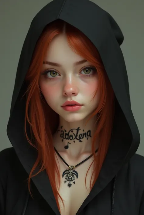 A beautiful young women round face cut and skin tone fair small nose and small light pink lips straight red long hairs  and tatoo on our neck written xena wearing black huddi