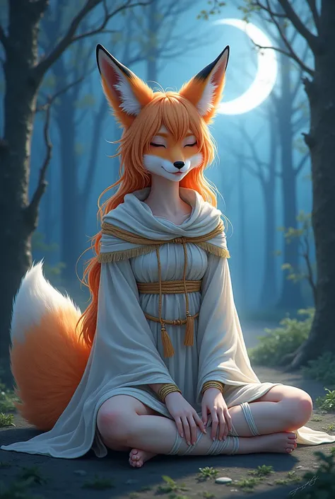 masterpiece, best quality, absurdres, very aesthetic, sfxm, anthro, female furry, fox, fox tail, fox ears, body fur, fluffy, fluffy fur, paws, moon, trees, sitting, tunic, cape, scarf, leg wrap, bandages, eyes closed