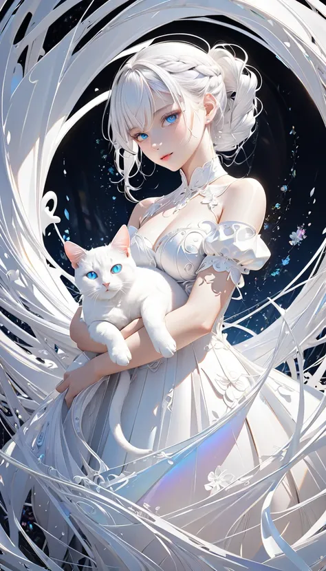 conceptual installation fantasy art, pure white worldview, cool beauty in all pure white holding a cute cat, gentle shy smile, white shiny silky disheveled side braided ponytail, captivating eyes, curvaceous, iridescent various effects, delicate and dynami...