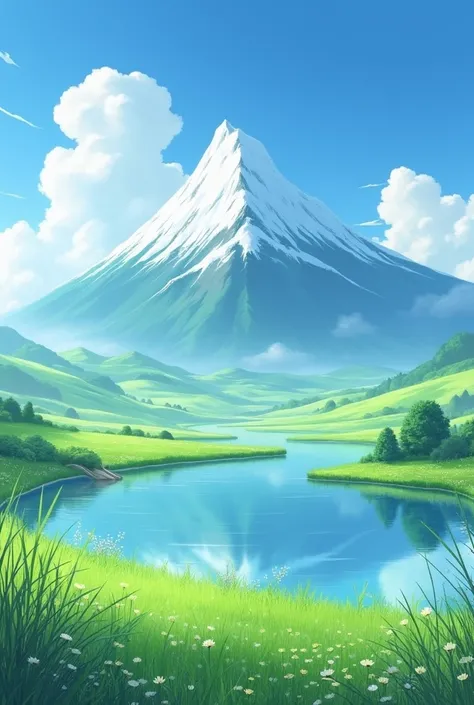 creat a landscape with a mountain and fields and a lake