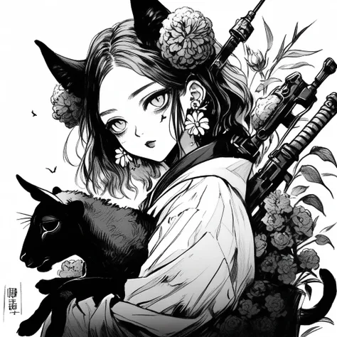 ( best quality, sketch:1.2),Realistic, 1 girl, , masterpiece, Noir Dark, art, Holding a cat、Im wearing a zinnia flower holder and earrings、The sheep has horns、They seem to be having fun fighting with weapons、 upper body、 slightly above angle