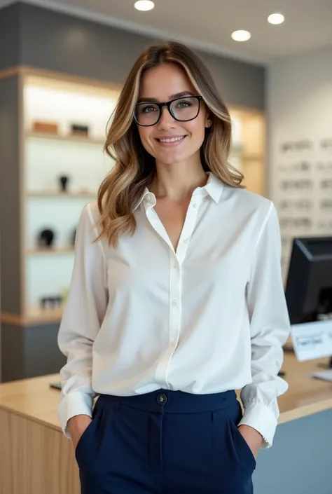  prescription glasses Create a professional photo of a 25-year-old , White race ,  woman wearing a white dress blouse and navy blue pants,  Who sells , hands in pocket, Her getting glasses at an optician.