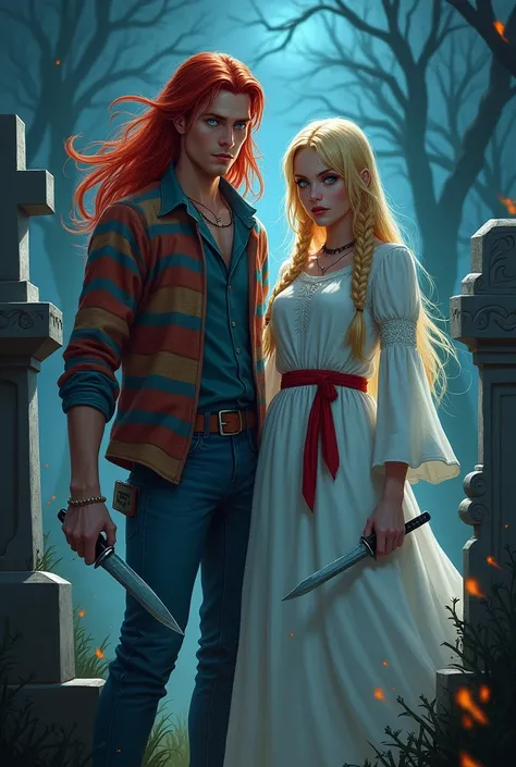 Man blue eyes long red hair colorful striped shirt long sleeves jumpsuit jeans and women blue eyes long blonde hair with two braids and fringe long white dress full sleeves red ribbon at the waist in the cemetery at night fire falling from the sky knife in...