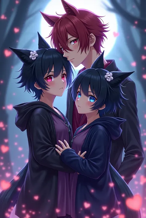  Pair of dark-haired character in disheveled style , very young anime style ,  with eyes as blue as night , long wolf ears with white skulls on them and an extensive black hairy tail with black and purple clothes,  blue and a taller, adult red-haired male ...