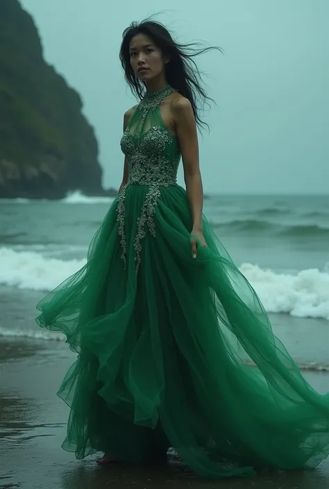 Design a beautiful semi-transparent green dress inspired by the Chilean legend "The Caleuche".