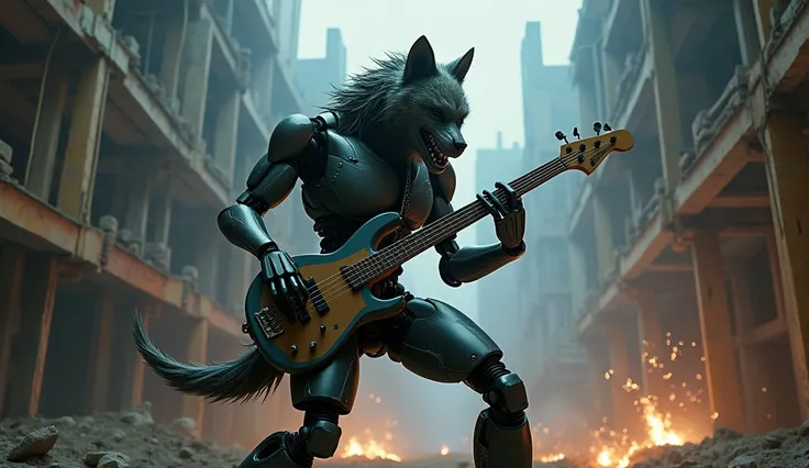 Realistic robotic werewolf bass player playing under construction