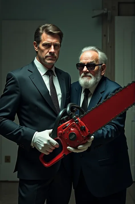 absurdres, highres, ultra detailed,   (one middle aged handsome man:1.3),solo,
(elderly gentleman:0.8),
Suited gentleman, night,white gloves,sunglasses, 
looking at viewer,cowboy shot,
BREAK
(holding huge mechanical chainsaw:1.3),
