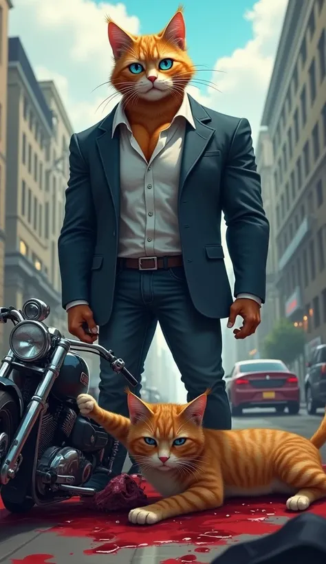 A muscular, thick tall, handsome ginger male cat with bright blue eyes and a strong jawline. Wearing a navy blue or charcoal gray blazers, white dress shirts and dark jeans. Riding a motorcycle on the road, involving in serious car accident, the motorcycle...