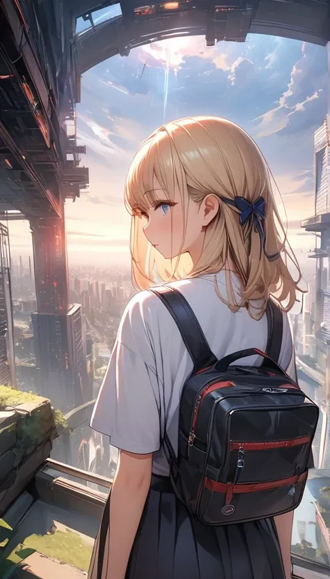 ( 8k Unit Wallpaper CG Extremely Detailed, masterpiece,  best quality, Super detailed), (((Alone)))), (( EXTREME WIDESHOT :1.15)),  There is a man on a bridge staring at a sci-fi city in the distance, (( back view )), ((whole body)), ( high detail), (Compl...