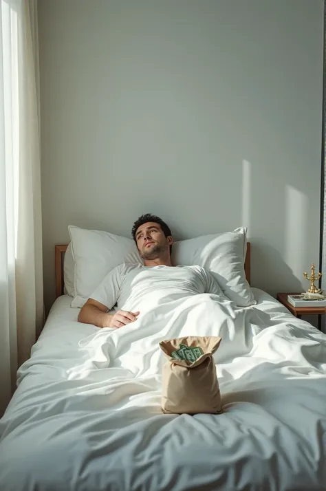 A man is lying on a white bed. He is around 40 years old, and beside him on a table, there is a large bag filled with money.

