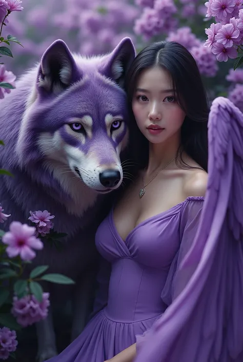 Portrait of a photorealistic purple-furred wolf, and a beautiful Korean woman with wide and beautiful wings wearing a fashionable and graceful purple evening dress with the top fully covered. on its forehead, facing forward with intense purple eyes and pur...