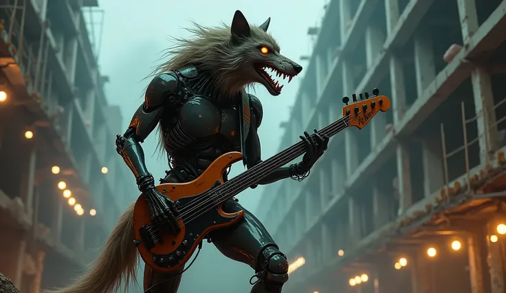 Realistic robotic werewolf bass player playing under construction