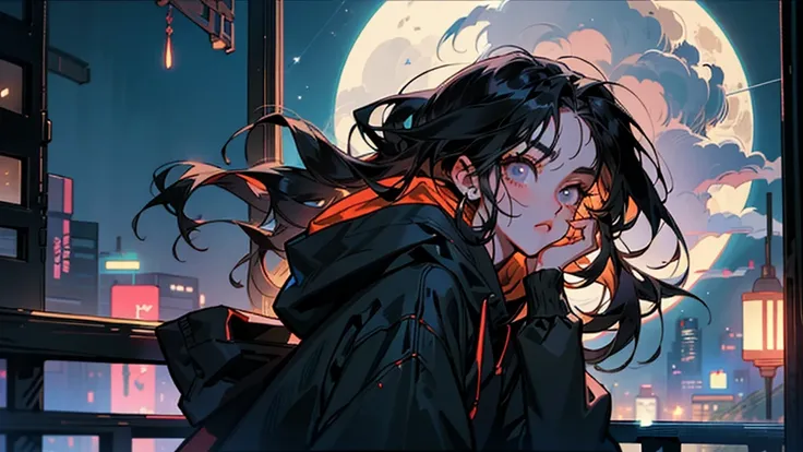 80s anime style, only one person, beautiful woman with long, straight black hair, mature facial features, modern, trendy clothing, wearing a hoodie, nighttime Tokyo, urban setting, calm atmosphere, moonlight, Tokyo, anime, emotional, modern style, trendy, ...