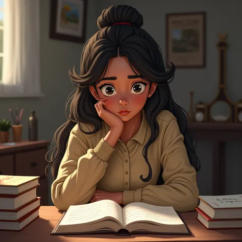 Maya, 18, thinking about what she was organizing in her notebook and books 