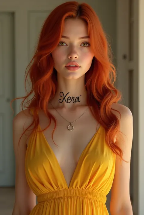 A beautiful young women round face cut and skin tone fair small nose and small light pink lips straight red long hairs  and tatoo on our neck written xena wearing yellow gown