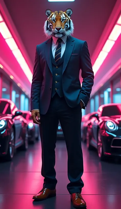 A Tiger in a tie suit ,  in a car dealership with weapons in neon light display cases, HD quality