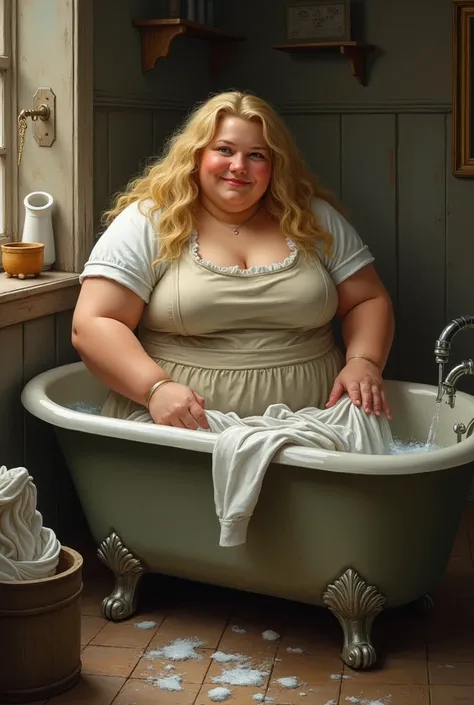 Obese woman with blond hair washing laundry in a bathtub