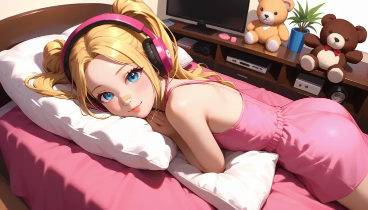  close-up of a young girl wearing headphones ,  golden hair with double ponytails  , Bangs cover forehead  ，  bare shoulders  ， sideways angle  ，Support your chin with one hand ， In front of the camera is a table ， and lie down on the table，Palm holding fa...