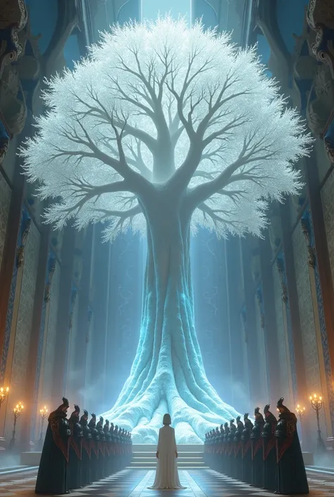 a white tree ,  whose leaves are made of crystals and shine,  whose roots are blue ,  inside a temple of church priests , Knights with swords and a woman in white