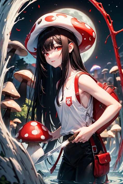 Mushroom man, black hair, white skin, knife, red backpack, water bath, full moon night 