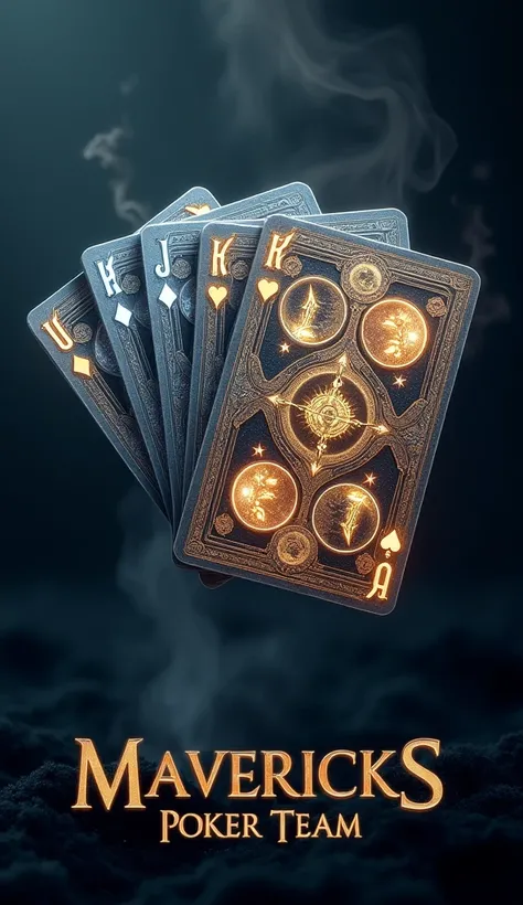 A fan of playing cards floats in mid-air, each card shimmering with a glowing aura, revealing intricate, life-like designs. The face of each card features enchanted symbols of a Royal Flush—along with moons, stars, and mysterious creatures—illuminated with...