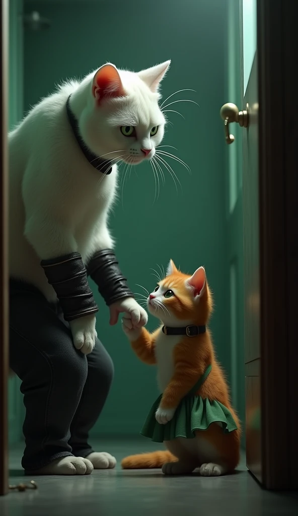 In cinematic 3D style, HD image ,realistic image ,dark image.
Character, a white big female cat and green eyes wearing white T-shirt and black jeans,A black leather strap is tied around both wrists.
Character, orange and white mix baby cat wearing green fr...