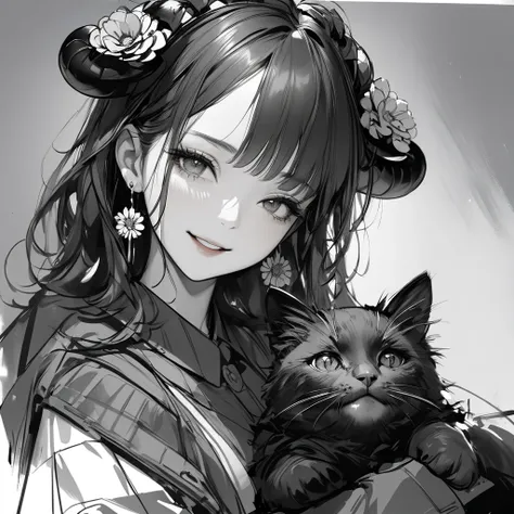 ( best quality, sketch:1.2),Realistic, 1 girl, , masterpiece, Noir Dark, art, Holding a cat、Im wearing a zinnia flower holder and earrings、The sheep has horns、 is laughing、 upper body、 slightly above angle