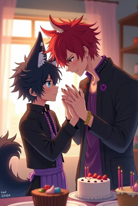 Black-haired male character with disheveled short hair style, very young anime style ,  with eyes as blue as night , long wolf ears with white skulls on them and an extensive black hairy tail with black and purple clothes,  blue and a taller adult male cha...