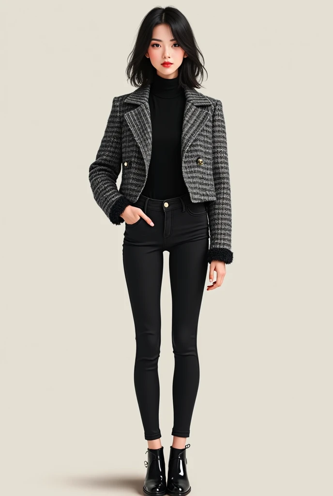 A girl wearing black turtle neck top along with black and white short tweed jacket with black jeans and black shoes also full body 