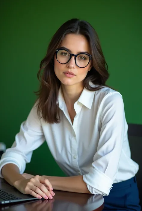  Take a closer look at this stunning photo of a beautiful woman. She wears glasses,  She wears a white dress shirt and navy blue pants .  The background of the image is green
Shes sitting at a desk ,  in an elegant black suit , and her face , full of detai...