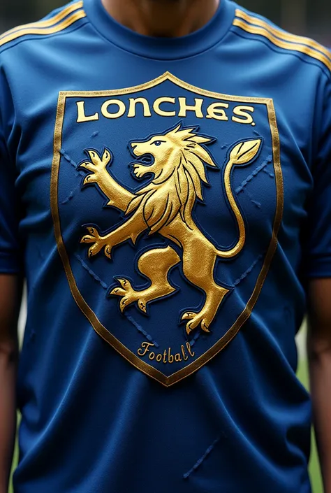  Create a shield for my team with the name of London football club. The mascot is a lion the colors are blue and gold . Put the name London Football on the shield. Create a photovoltaic uniform with this shield