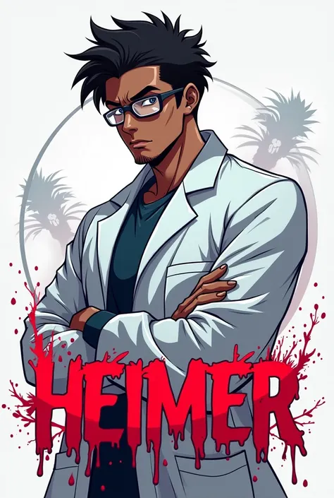 Create a Scientist logo
He is black complexion and black hair and clean shaved with white dress and glasses

Write down the name "Heimer" in blood

Make it in anime style